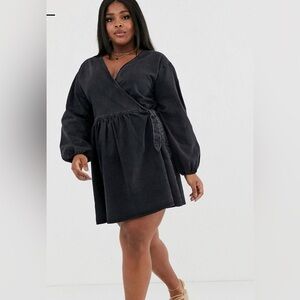 ASOS Black Wrap Denim Dress with Bishop Sleeves